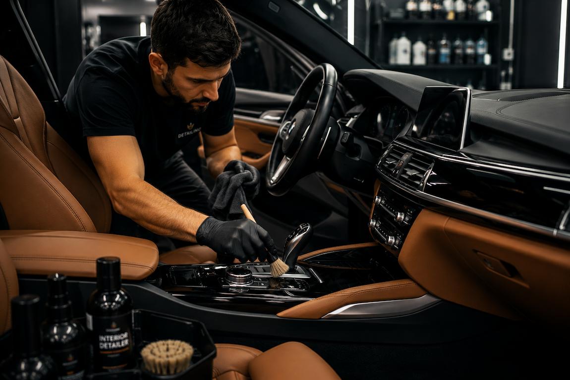 Detailing interior en tapicería, trabajo a mano con pincel limpiando con precisión