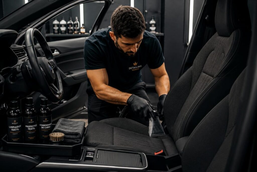 Servicio detailing tapicería, pasando aspiradora en asiento delantero